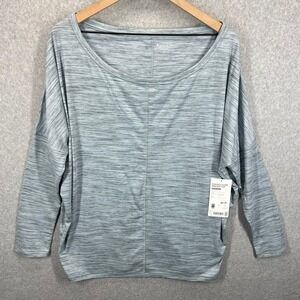 Athleta Essence Flow Print Top Womens L Blue Space Dye Boat Neck Long Sleeve NWT